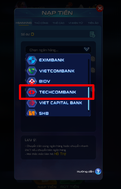 Chọn Phương Thức Nạp Tiền Qua Techcombank 